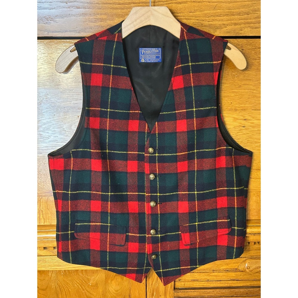 Pendleton Preppy Granola Festive Wool Plaid Vest Button Front Waistcoat Twee USA